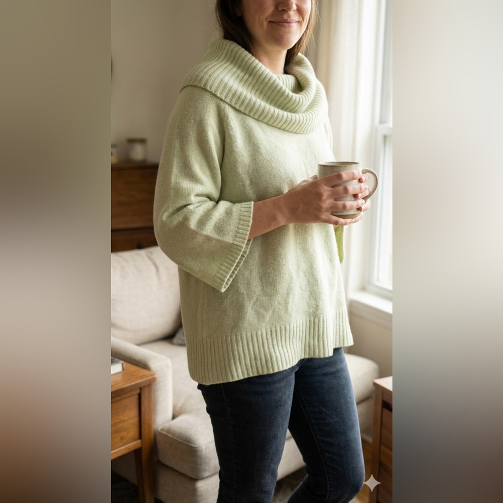 Lambswool angora rabbit hair sage green XL cowl neck or off the shoulder sweater